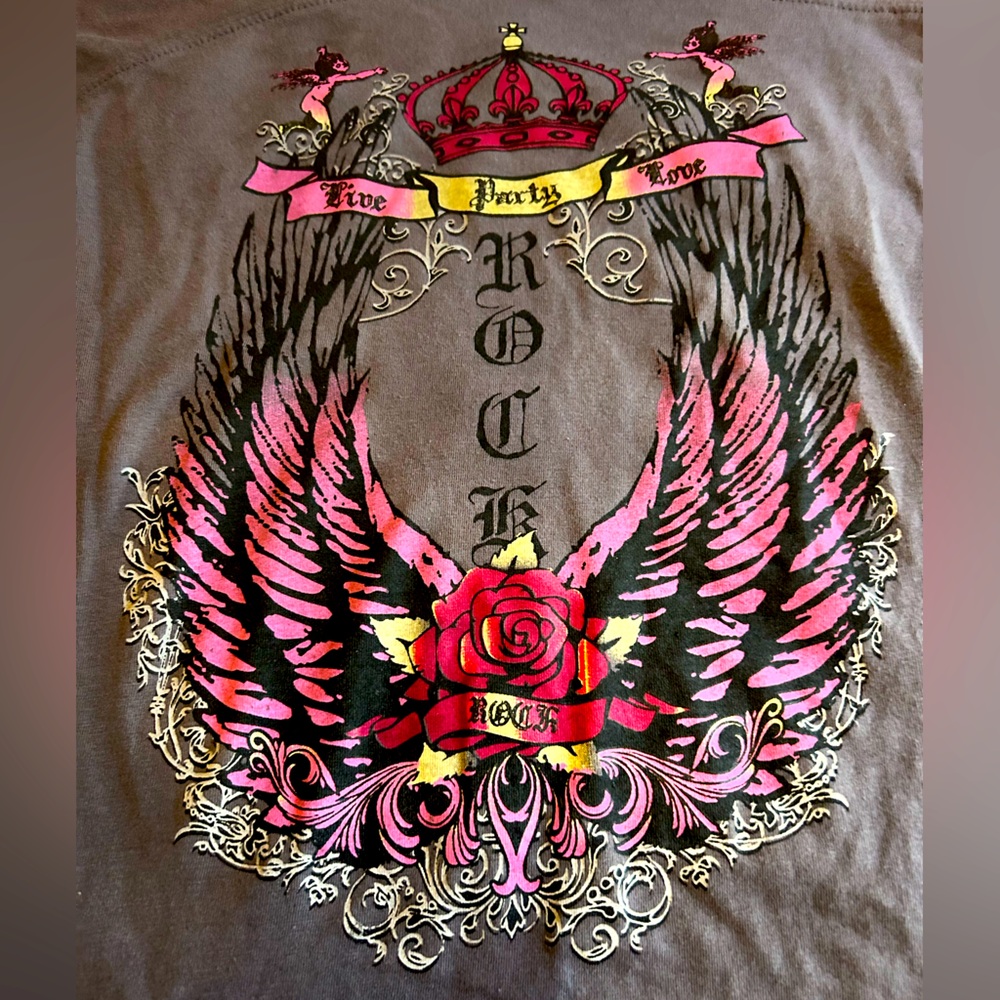 ❤️LIVE LOVE ROCK Party Rose Wing Cupid Tattoo Graphic Thermal Long Sleeve V Neck